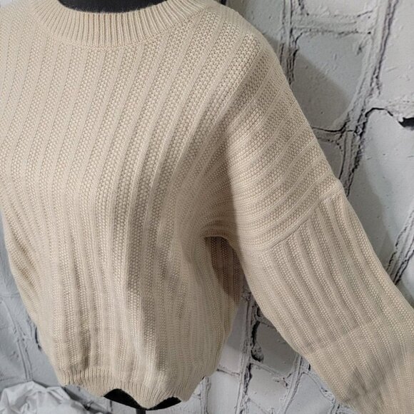 CREAM Heavy Knit scalloped hem‎ Ribbed Cropped Comfy Crew Neck Sweater L - Picture 4 of 10